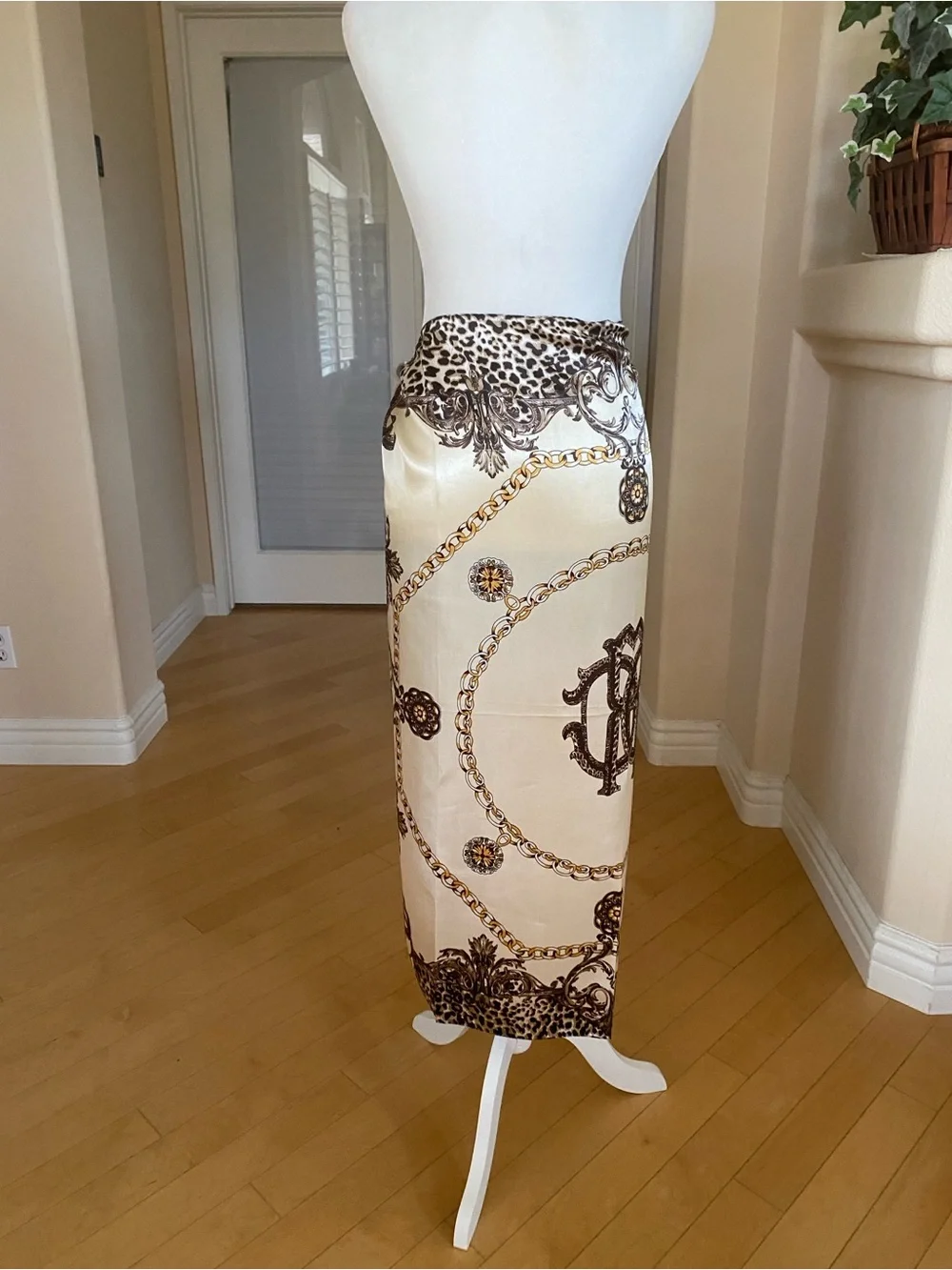 Cream Brown Gold Chain Medallion Print Scarf Wrap Top